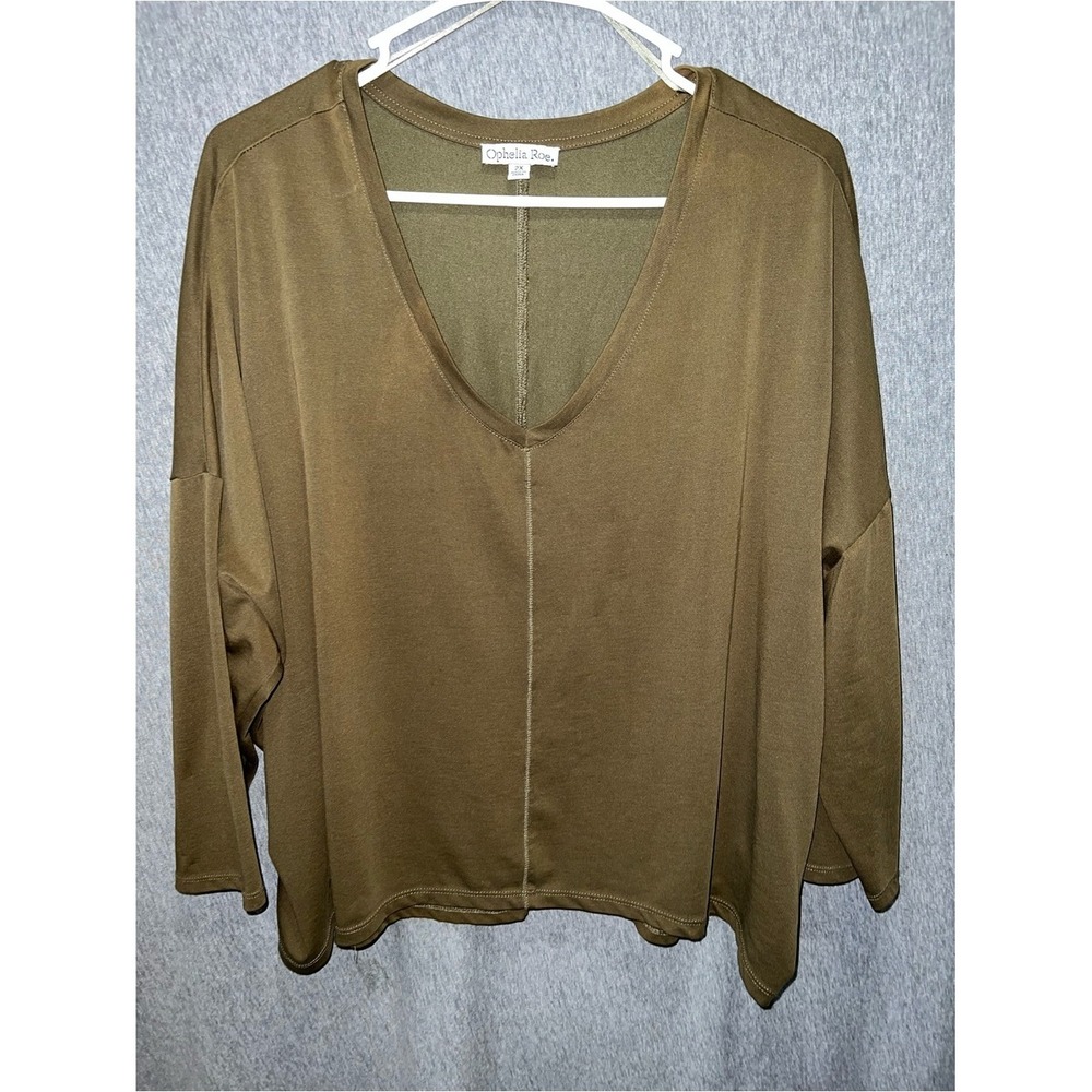 Ophelia Roe Olive V-Neck Long-Sleeve Women's Top Size 2X Green Seam Detail